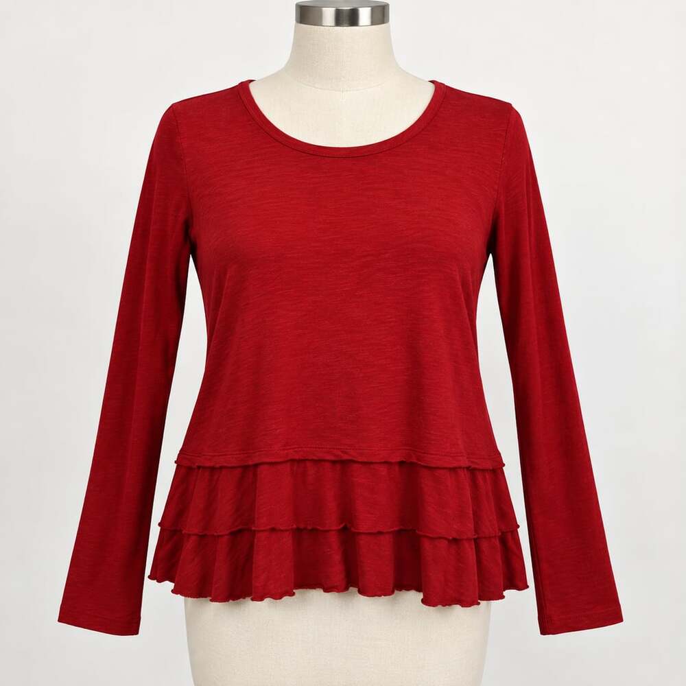 Caslon Women’s XL Brick Red Ruffle Hem Long Sleeve Top Cotton Modal Scoop Neck